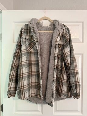 ASVVID Plaid Sherpa Lined Hooded Shacket Jacket Size L